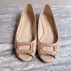 Genuine Leather KissCat brand blush with rose gold details peep toe heels